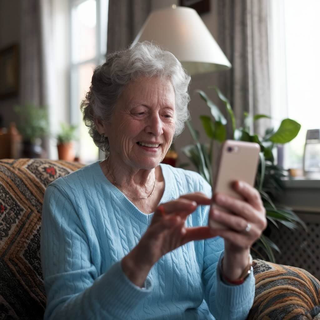 Maria staying connected with her family through video calls using her phone